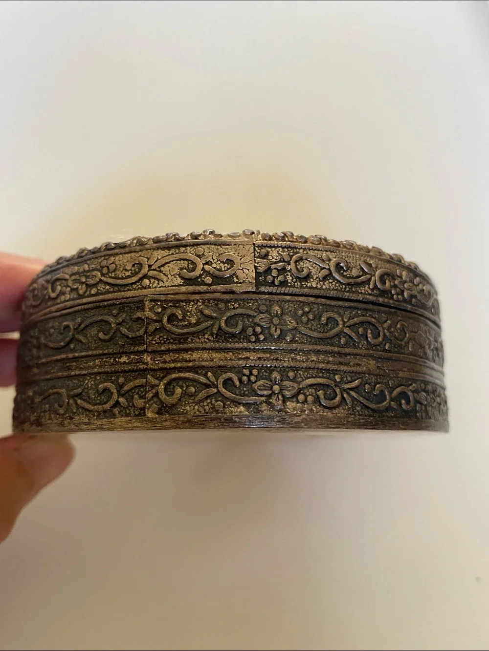Vintage Asian Hand Painted Porcelain Shard Top Silver Tone Round Trinket Box
